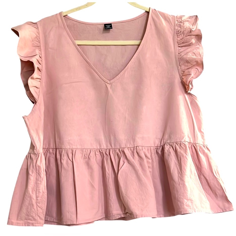 S H E I N Dusty Solid Pink, V-Neck, Ruffle Cap Sleeve, Babydoll Top,Sz 2XL,GUC.